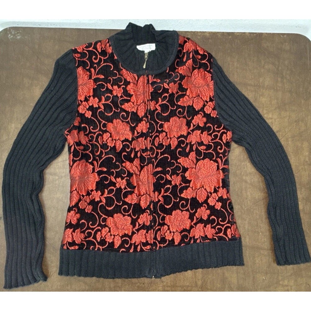 CHRISTOPHER & BANKS Black Zip Cable Sweater w/ Bright Red "Shiny" Bodice Sz S